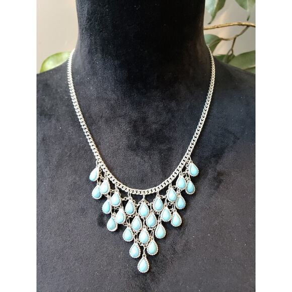 Women Silver Tone Teardrop Bazel-set Blue Bubble Beads Crochet Link Bib Necklace - Picture 1 of 6